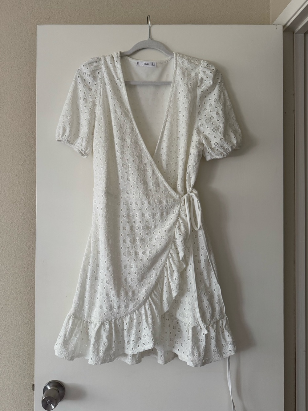 Mango White Eyelet Wrap Mini Dress with Ruffle Hem